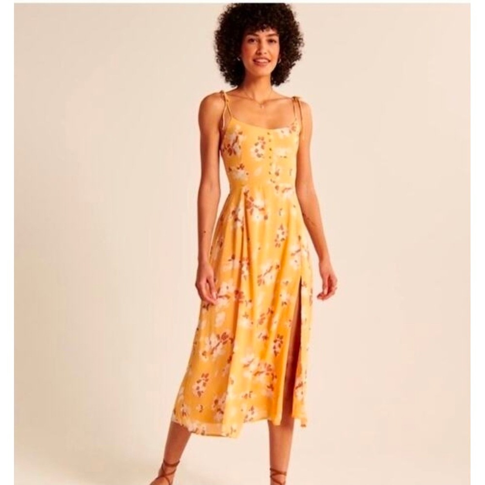 Abercrombie & Fitch Large Dress L Orange Floral Button Front Tie Strap Midi Boho